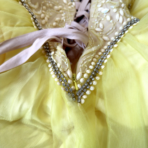 Mac Duggal Yellow Corset Beaded Ball Gown Rhinestones Satin Tulle Sz 0 - Picture 13 of 15